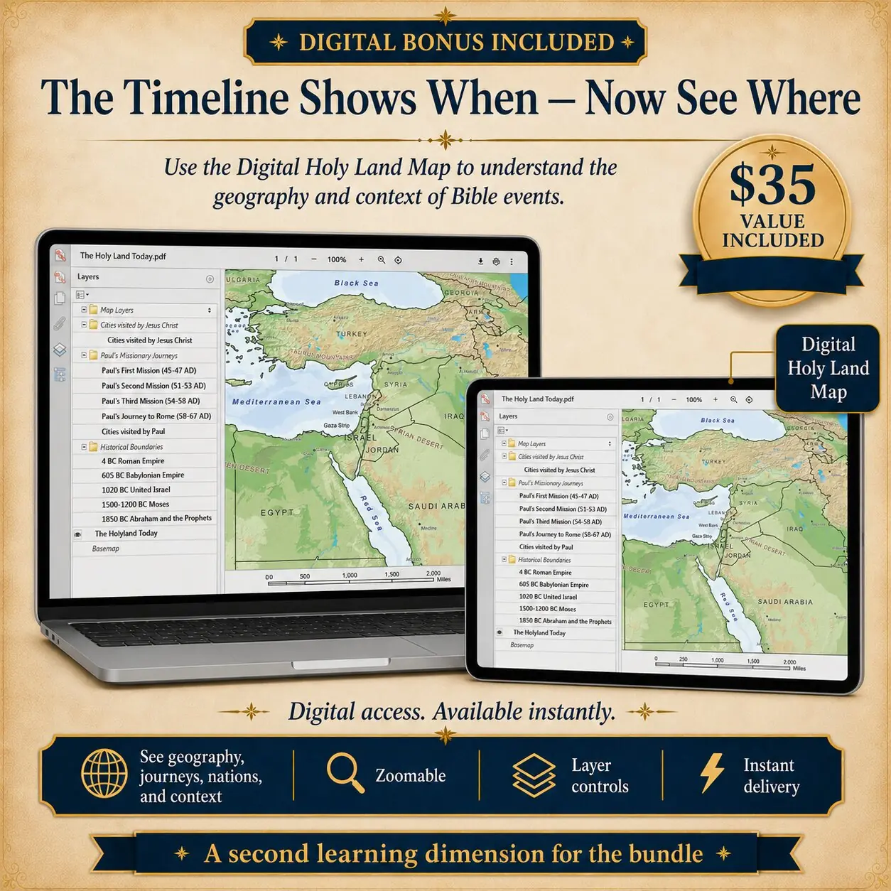 Digital Holy Land Map bonus shown with layer controls