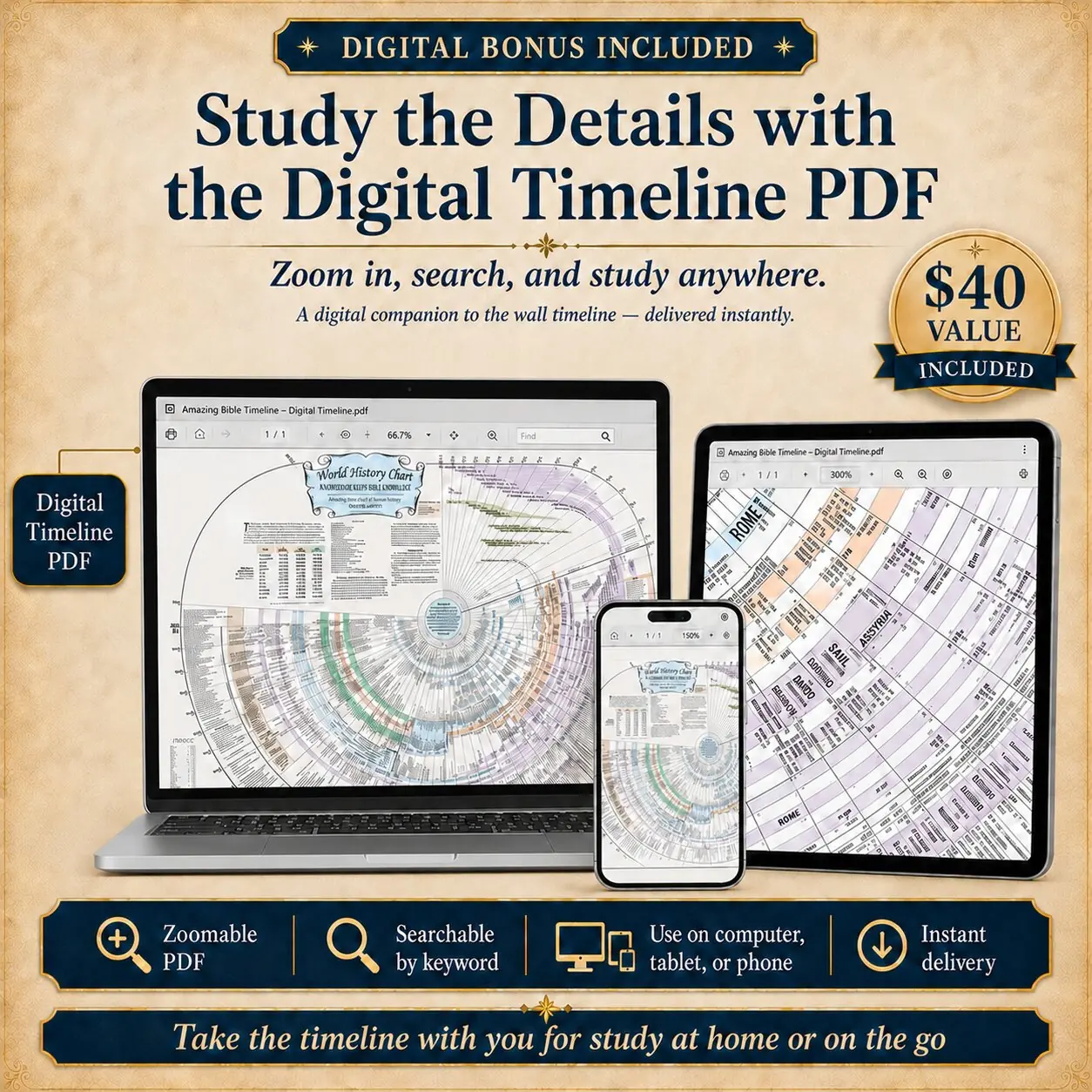 Digital Timeline PDF bonus shown on laptop, tablet, and phone